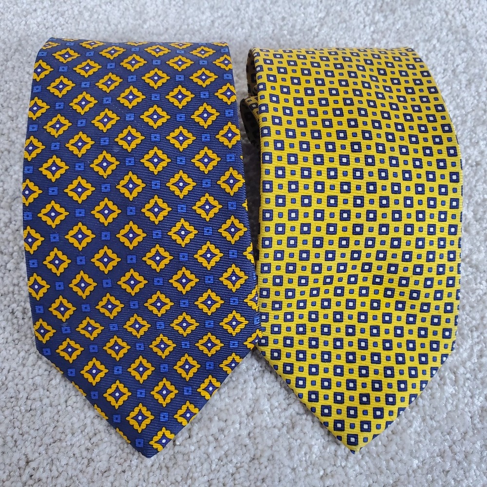2 Brooks Brothers Makers Neck Tie Gold & Blue Blue & Gold 100% Silk 58.5 & 60"
